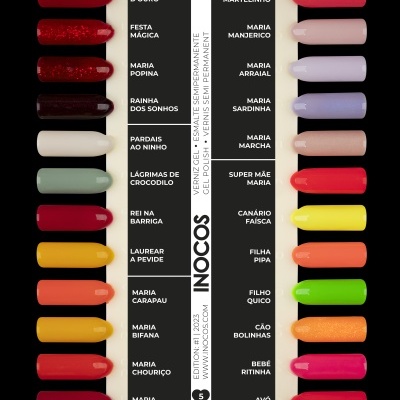 Paleta de cores de vernizes semipermanentes com nomes ao lado em duas colunas.