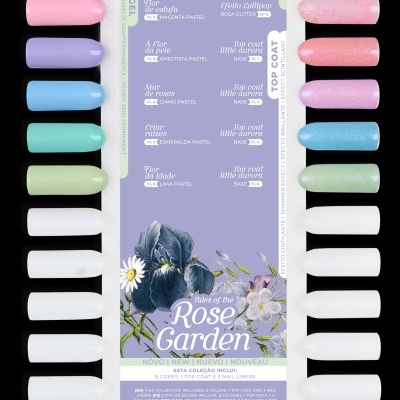 Conjunto de vernizes de unhas Rose Garden da INOCOS com várias cores pastel e top coats glitter