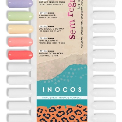 Mostruário de vernizes de unhas INOCOS coleção Sem Regras com seis cores pastel