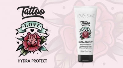 Produto creme hidratante Hydra Protect com tema tattoo e ilustração de rosa