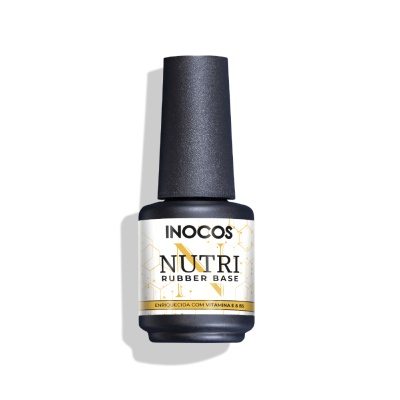 Frasco preto fosco de base de unhas INOCOS Nutri Rubber Base com rótulo branco e dourado