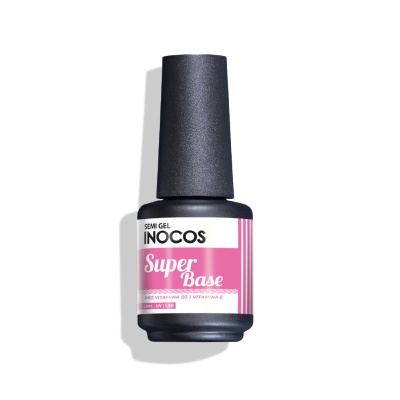 Frasco preto de verniz de unhas Inocos Semi Gel Super Base com etiqueta rosa e branca