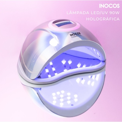 Lâmpada LED/UV holográfica 90W prateada com luz azul, fundo rosa
