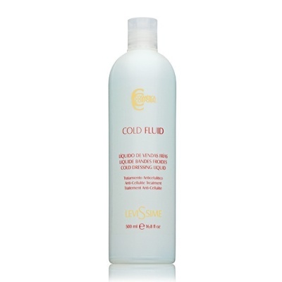 Frasco branco de líquido Cold Fluid da Levissime com texto no rótulo