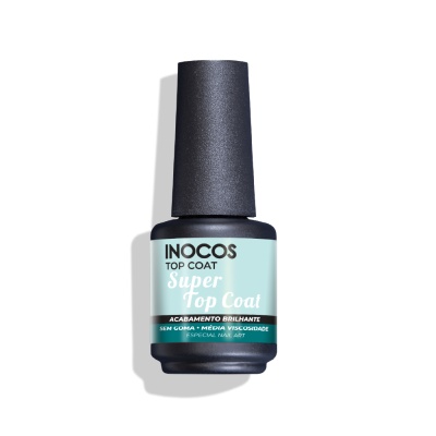 Frasco de verniz de unhas INOCOS Super Top Coat com rótulo azul claro