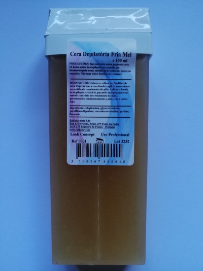 Embalagem de cera depilatória fria mel 100 ml com etiqueta informativa