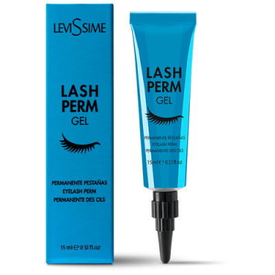 Gel Lash Perm Levissime azul com texto preto e imagem de pestana.
