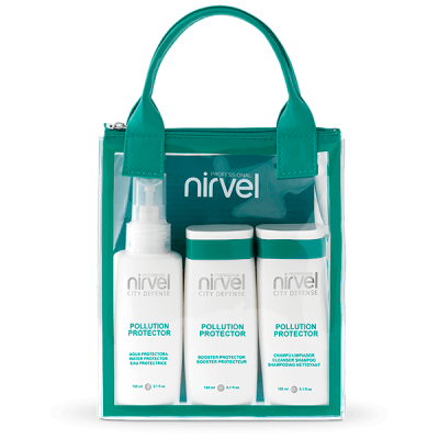 Conjunto de produtos Nirvel City Defense Pollution Protector em bolsa transparente com alças verdes