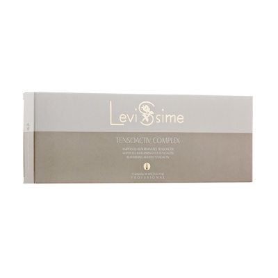 Embalagem Levi'sime Tensoactiv Complex bege e cinza com texto dourado.