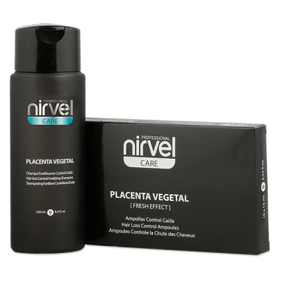 Frasco e caixa pretos do produto nirvel CARE Placenta Vegetal para controlo da queda de cabelo
