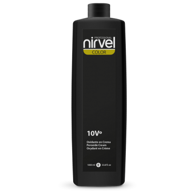 Frasco preto com rótulo da marca Nirvel Professional Color 10Vº oxidante em creme