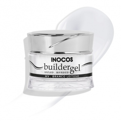 Frasco de gel para unhas branco leitoso Inocos Buildergel com tampa prateada