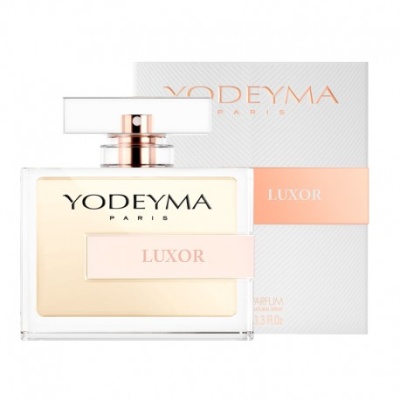 Frasco de perfume Yodeyma Luxor com caixa branca e detalhes em rosa