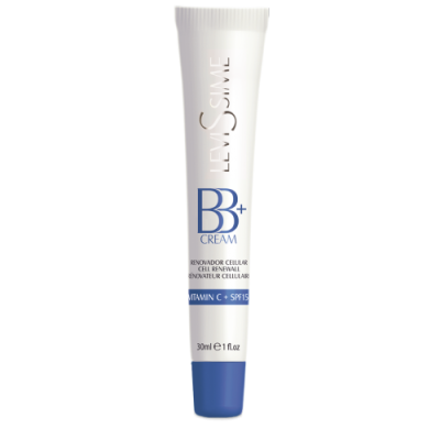 Tubo branco e azul de creme BB+ LEVOSIMIL com texto sobre renovador celular e vitamina C no fundo branco.