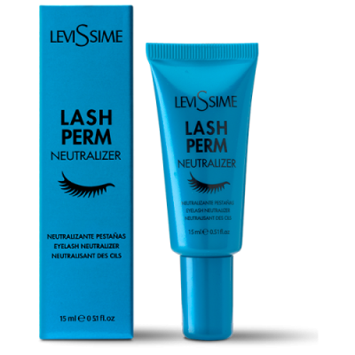 Frasco e embalagem azul de Levissime Lash Perm Neutralizer para pestanas com texto preto e ícone de cílios