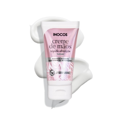 Creme de mãos INOCOS em tubo branco e rosa com texto em preto e branco