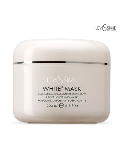 Frasco branco com tapa redonda e texto LEVISSIME WHITE² MASK
