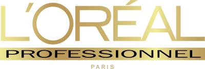Logótipo L'ORÉAL PROFESSIONNEL em letras douradas sobre fundo preto