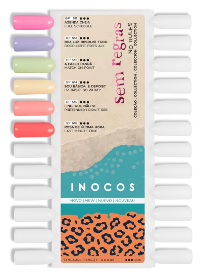 Mostruário de vernizes de unhas INOCOS coleção Sem Regras com seis cores pastel