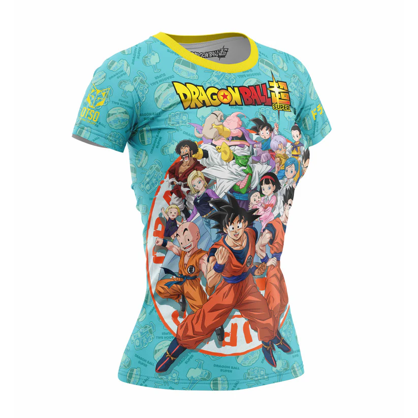 WOMEN'S SHORT SLEEVE SHIRT DRAGON BALL SUPER FAMILY T-shirt feminina Dragon Ball Super azul clara com personagens coloridos