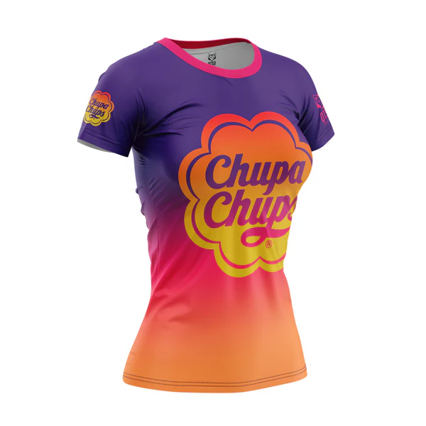 WOMEN'S SHORT SLEEVE SHIRT CHUPA CHUPS SUPER TASTY T-shirt feminina roxo e laranja com logo Chupa Chups grande e gola rosa