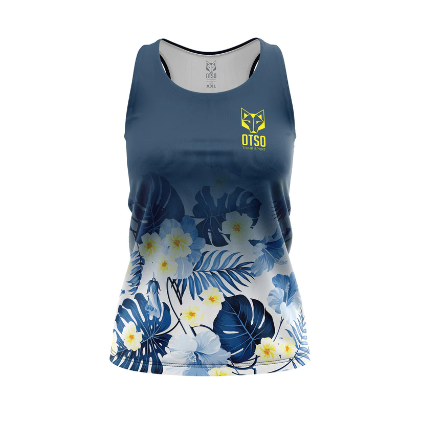 WOMEN'S SINGLET SPRING DARK Camisola sem mangas azul com padrão floral e logótipo OTSO