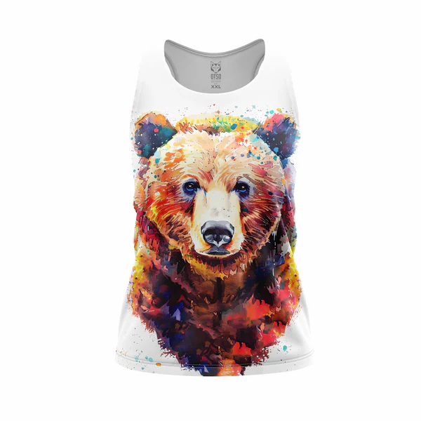 WOMEN'S SINGLET BE WILD BEAR Camisola de alças branca com estampa frontal de urso colorido em aquarela