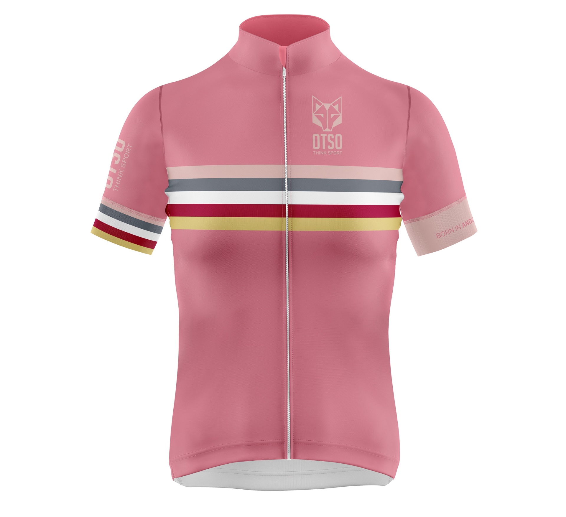 Camisola de ciclismo rosa com riscas coloridas e logótipo branco