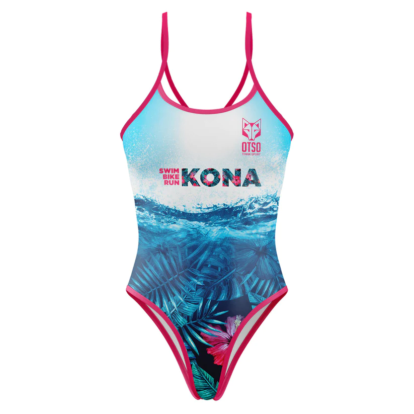 WOMEN'S SWIMSUIT KONA Fato de banho feminino com padrão azul e rosa e texto KONA