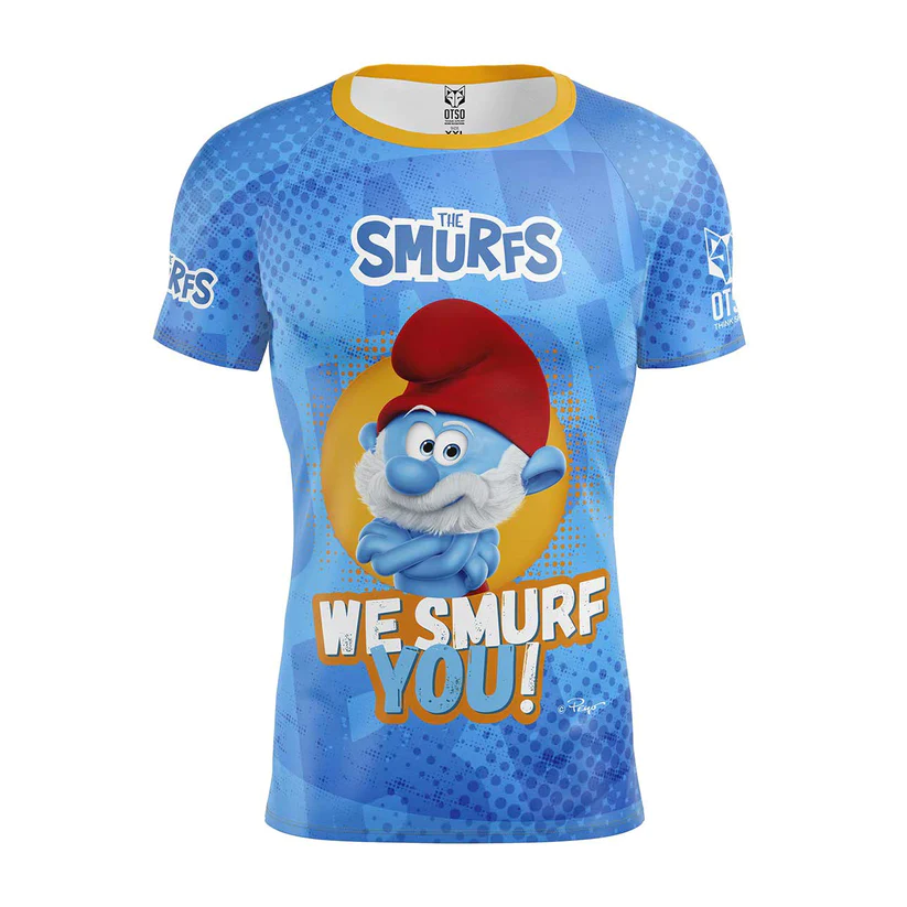 MEN'S SHORT SLEEVE SHIRT WE SMURF YOU Camiseta azul com personagem dos Smurfs e texto WE SMURF YOU!