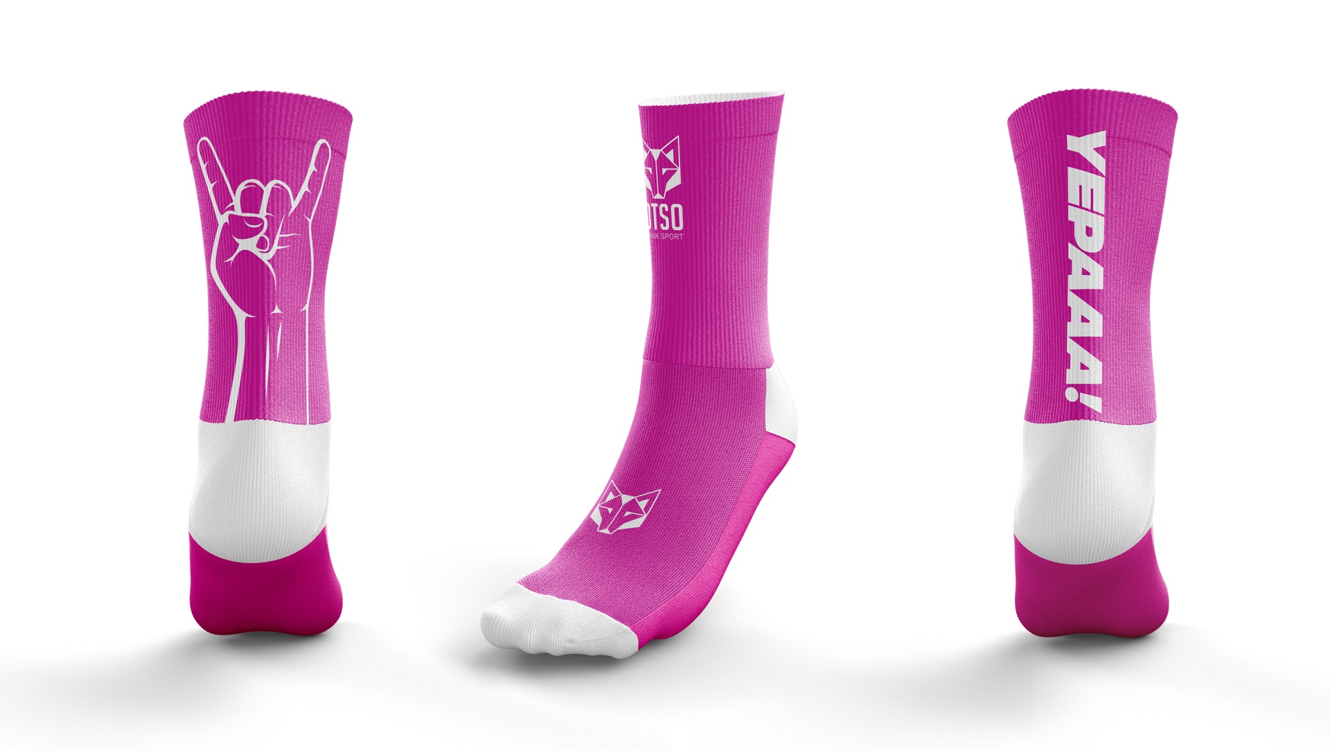 MULTISPORT SOCKS MEDIUM CUT LIMITED EDITION YEPAAA FLUO PINK Três meias desportivas rosa com detalhes brancos e texto YEPAAL!