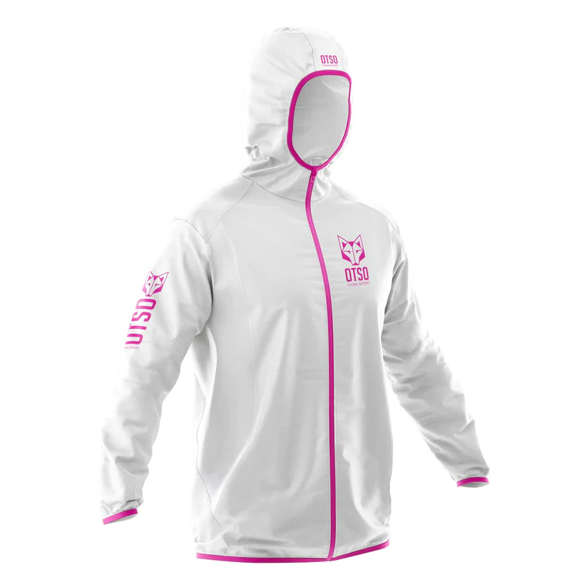 WATERPROOF JACKET WHITE & PINK Casaco branco com capuz e detalhes rosa com logotipo OTSO