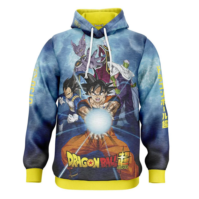 Sweatshirt com estampa Dragon Ball Super azul e amarelo com personagens e texto