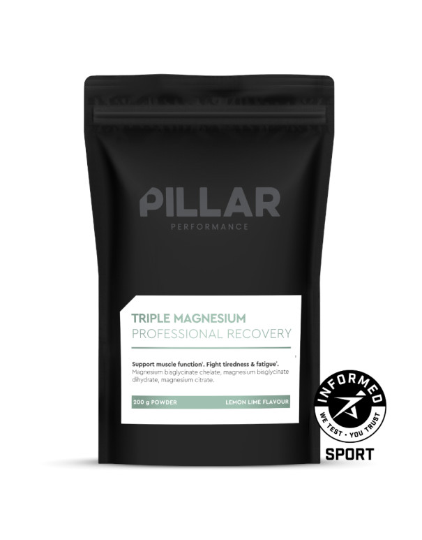 PROFESSIONAL RECOVERY TRIPLE MAGNESIUM POWDER - Lima e Limão Pacote preto de suplemento TRIPLE MAGNESIUM PROFESSIONAL RECOVERY da PILLAR PERFORMANCE com selo INFORMED SPORT