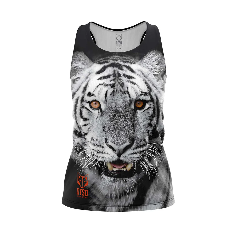 WOMEN'S SINGLET TIGER Camisola desportiva preta com estampa de tigre branco e logo OTSO