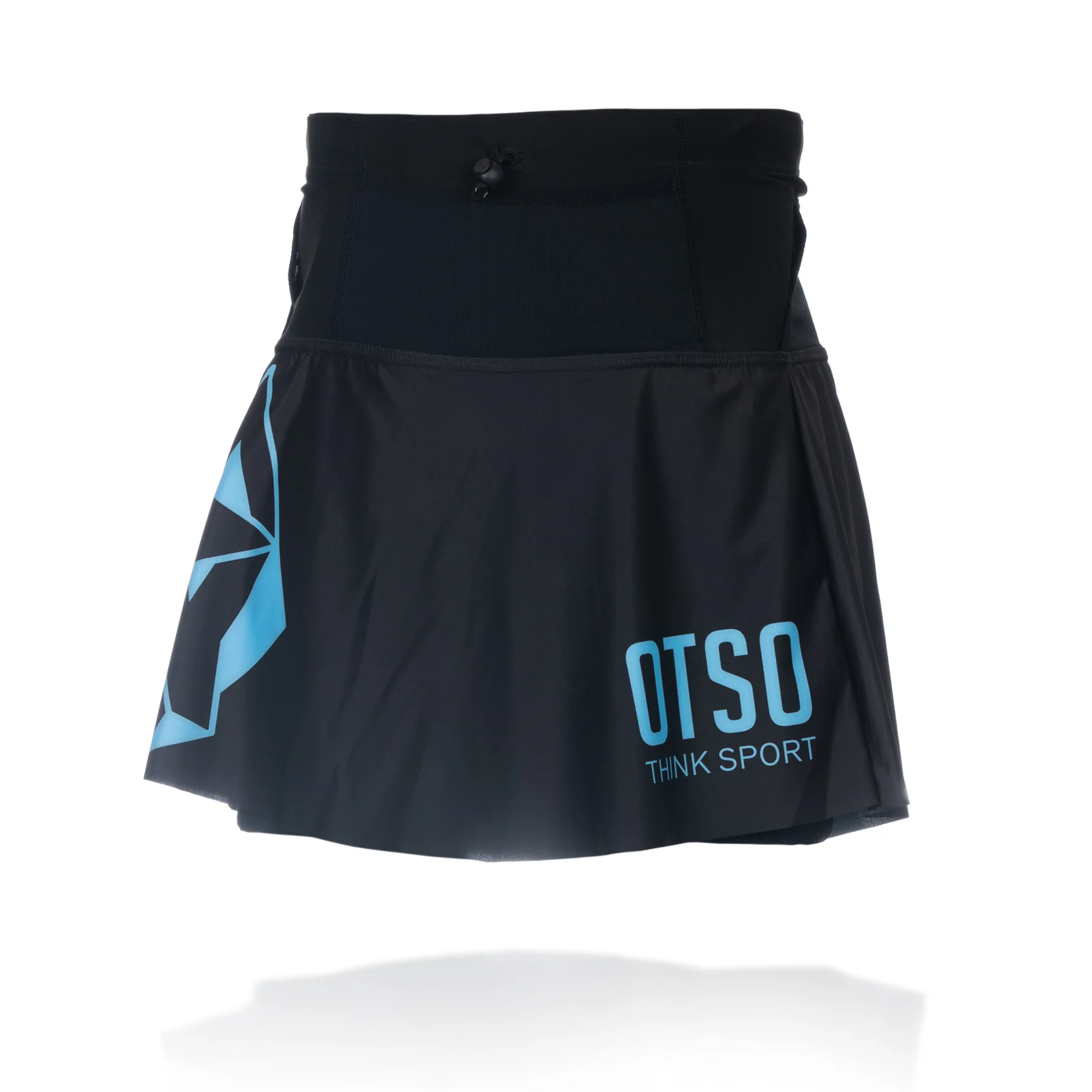 SKIRT OTSO Black & Turquoise Saia desportiva feminina preta com estampado e texto azul OTSO THINK SPORT