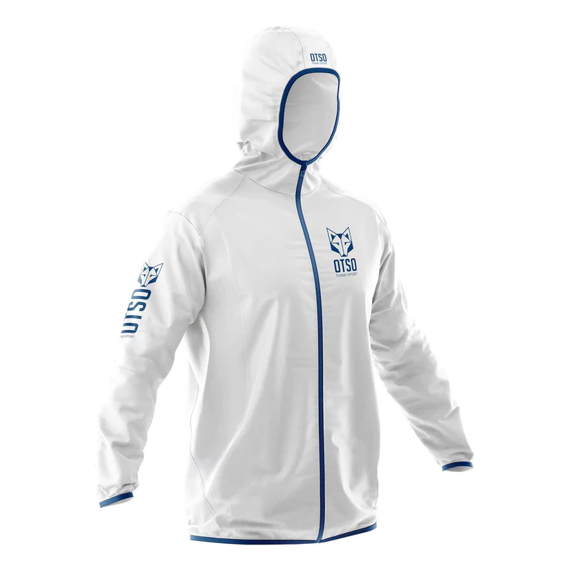 WATERPROOF JACKET WHITE & NAVY BLUE Casaco branco com capuz, fecho azul e logotipo OTSO