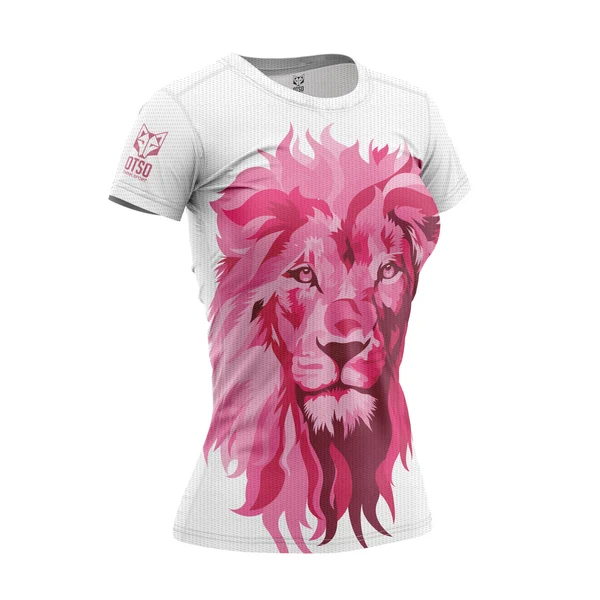 WOMEN'S SHORT SLEEVE SHIRT BE A LION PINK T-shirt branca com estampa de leão rosa e logótipo OTSO
