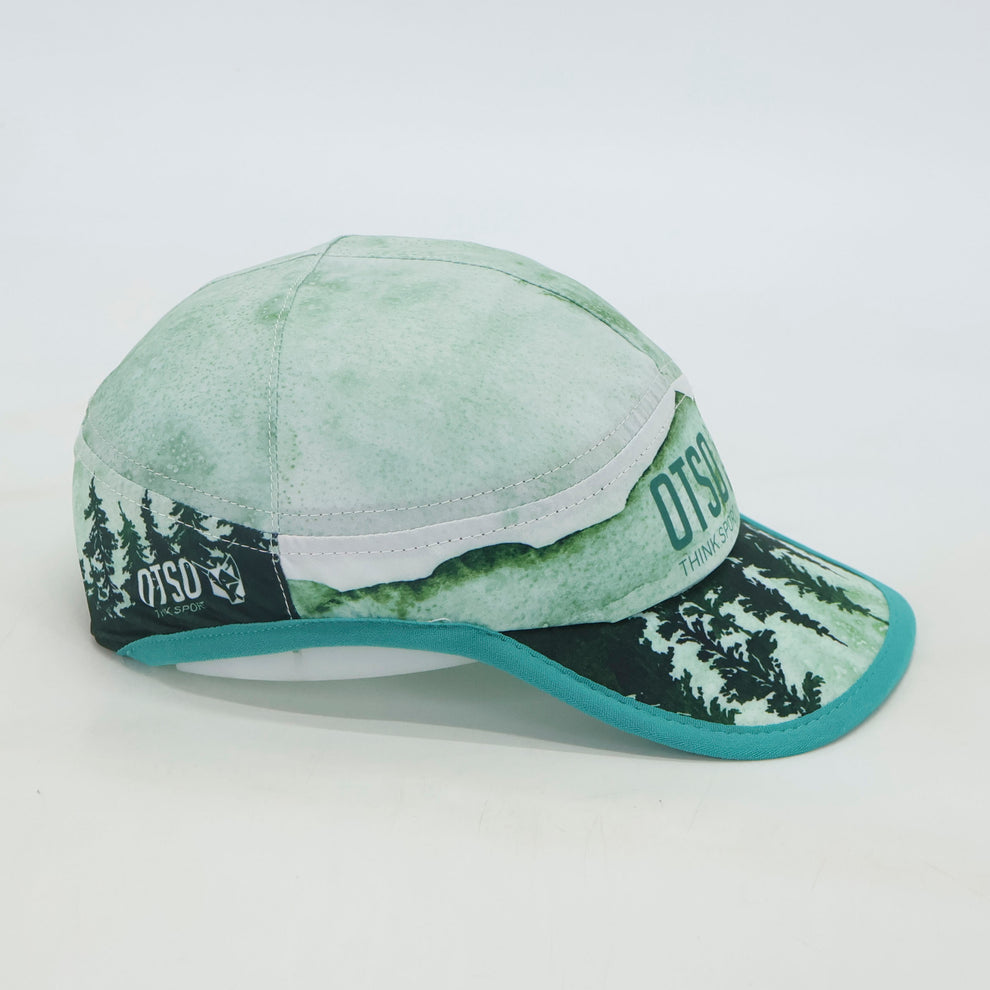 PRO RACING CAP - GREEN FOREST Boné desportivo verde com padrão de árvores e texto OTSO THINK SPORT