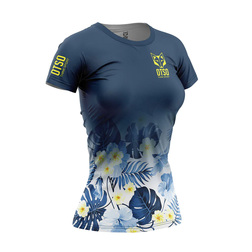 WOMEN'S SHORT SLEEVE SHIRT SPRING DARK T-shirt desportiva feminina azul escuro com estampado floral e logos amarelos OTSO
