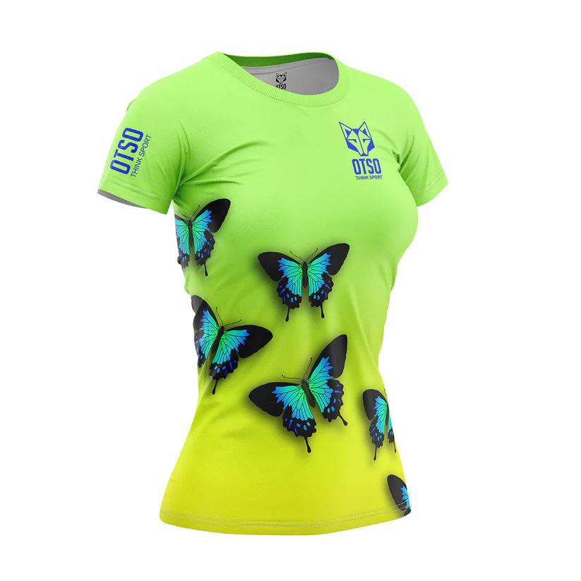 WOMEN'S SHORT SLEEVE SHIRT BUTTERFLY T-shirt feminina verde com borboletas azuis e logo OTSO