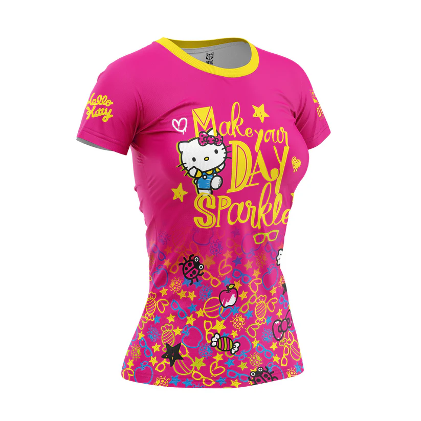 WOMEN'S SHORT SLEEVE SHIRT HELLO KITTY SPARKLE T-shirt feminina rosa com estampa Hello Kitty colorida e texto em amarelo