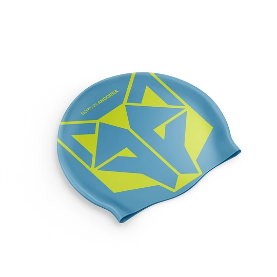 SWIM CAP LIGHT BLUE & FLUO YELLOW Touca de natação azul com desenho amarelo e texto DRYMA ANDORRA