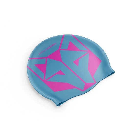 SWIM CAP LIGHT BLUE & FLUO PINK Touca de natação azul claro com padrão de raposa cor-de-rosa