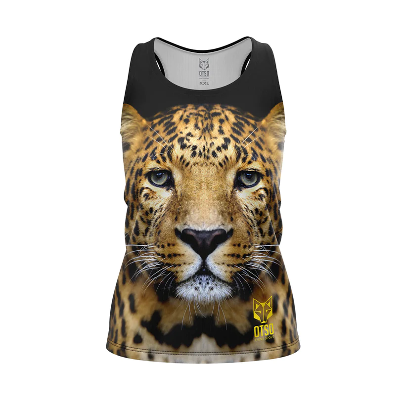 WOMEN'S SINGLET LEOPARD Camisola preta com estampa frontal de leopardo e logo amarelo OTSO