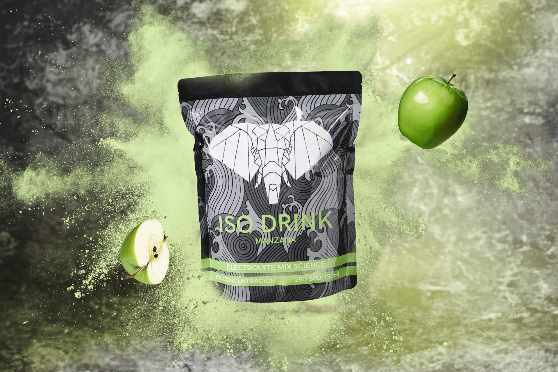 FANTÉ ISO DRINK Pacote preto com texto ISO DRINK, pó verde e maçãs verdes