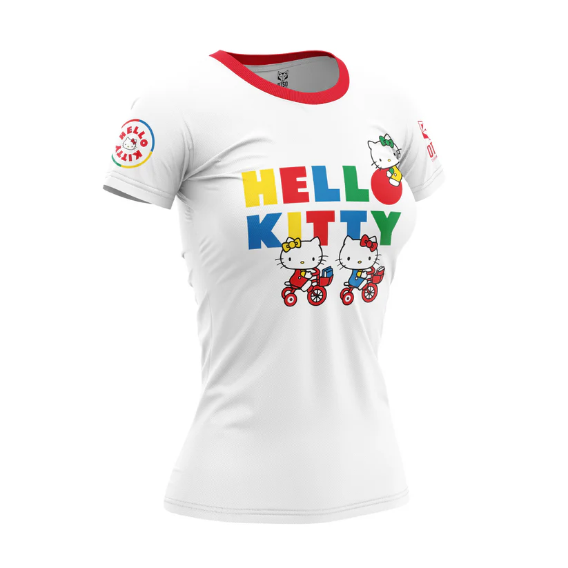 WOMEN'S SHORT SLEEVE SHIRT HELLO KITTY SMILE T-shirt feminina branca com estampa colorida Hello Kitty e gola vermelha