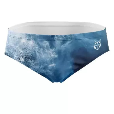 Cuecas de banho masculinas com padrão azul e branco e logo de lobo