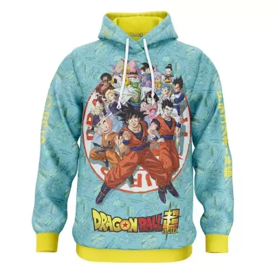 Sweatshirt azul claro com estampa Dragon Ball Super e capuz amarelo