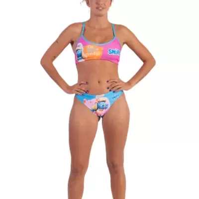 Biquíni colorido dos Smurfs com texto em modelo feminino